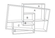 Die mit A, B, C markierten Bereiche der ISBOA Konsole können nach Belieben farbig gewählt werden Technische Zeichnung der Konsole aus Holz in Eiche - ISBOA von Drugeot Manufacture