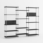 Wandregalsystem in Eiche schwarz / Edelstahl - SHELVING SYSTEM WIDE TALL SHELVES von MOEBE