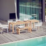In Kombination der Gartenbank SAMOA und dem gleichnamigen Tisch SAMOA von Jan Kurtz entsteht eine moderne Sitzgruppe für die Terrasse. Gartenbank aus Teakholz im schlichten Design - SAMOA von Jan Kurtz