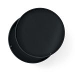 Draufsicht auf den geöffneten Couchtisch TURNING TABLE in Esche schwarz von Audo Copenhagen runder Couchtisch aus Holz in Esche schwarz mit Stauraum - TURNING TABLE von MENU