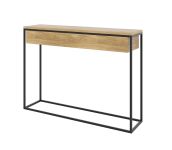 Seitenansicht des Designer Konsolentisches SKINNY XL von take me HOME mit Schublade aus Eichenholz und schwarzem Metallgestell Designer Konsolentisch aus Holz und Metall in schwarz - SKINNY XL von take me HOME