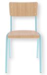 Stapelbarer Vintagestuhl ZERO von Jan Kurtz aus türkisfarbenem Stahlrohr und hellem Eichenholzfurnier in der Vorderansicht stapelbarer Vintagestuhl aus Stahl in türkis und Holz in Eiche - ZERO von Jan Kurtz