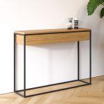 Reduzierter Designer Konsolentisch SKINNY XL mit praktischer Schublade aus Eichenholz und einen schwarzen Metallgestell SKINNY XL Oak von take me HOME - Designer Konsolentisch aus Holz und Metall