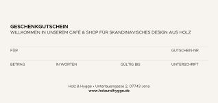 Rückseite des Holz & Hygge Geschenkgutscheins Gutschein Holz & Hygge Nordic Design Shop & Café Back