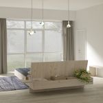 Hinteransicht des scheinbar schwebenden Betts SOMNIA von vitamin design - hier in der Ausführung aus weiss geölter Asteiche vitamin design SOMNIA - Bett aus Holz in Asteiche, weiss geölt